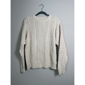 Vintage Eddie Bauer Sweater Men's Sz M Cream Cable Knit Fisherman Crew Neck